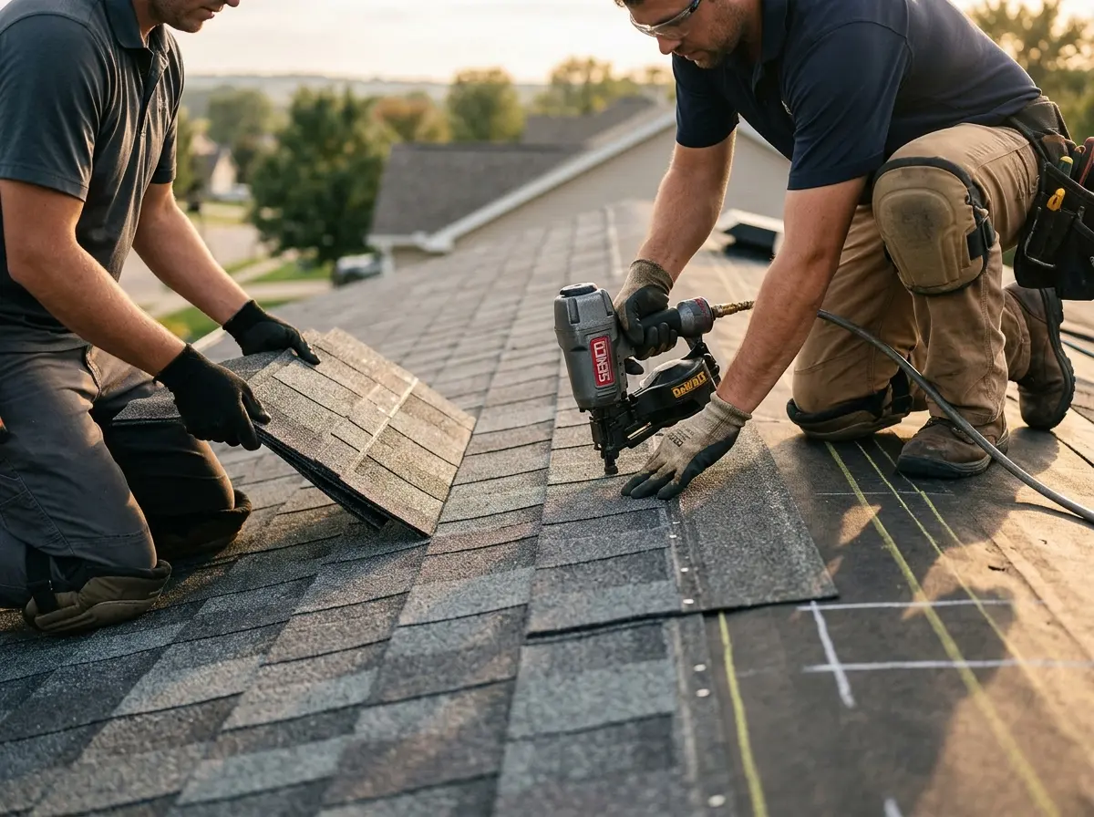 Professional roofer working on a residential roof in Gladewater